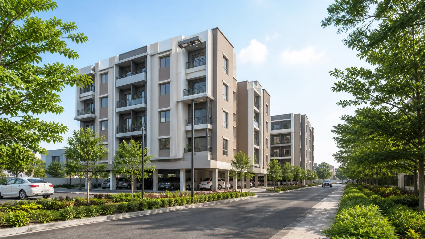 Illustration: Mid-rise apartment blocks along a tree-lined street, CIDCO, Nashik