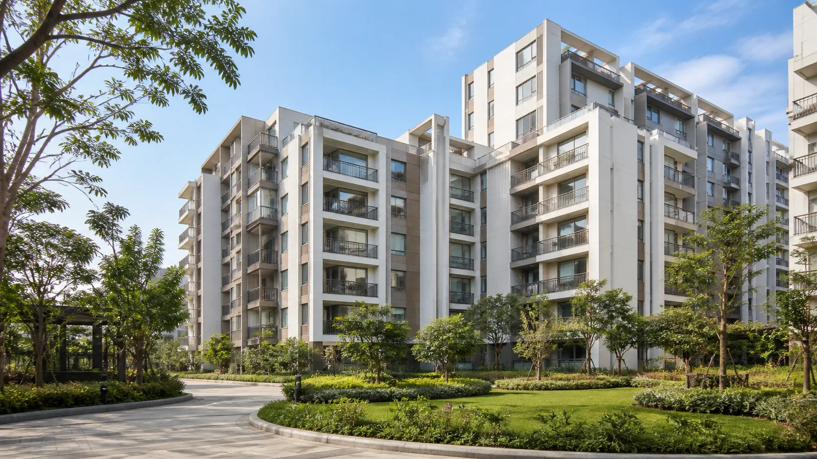 Illustration: Mid-rise apartment blocks with lawns and trees, Gangapur Road, Nashik